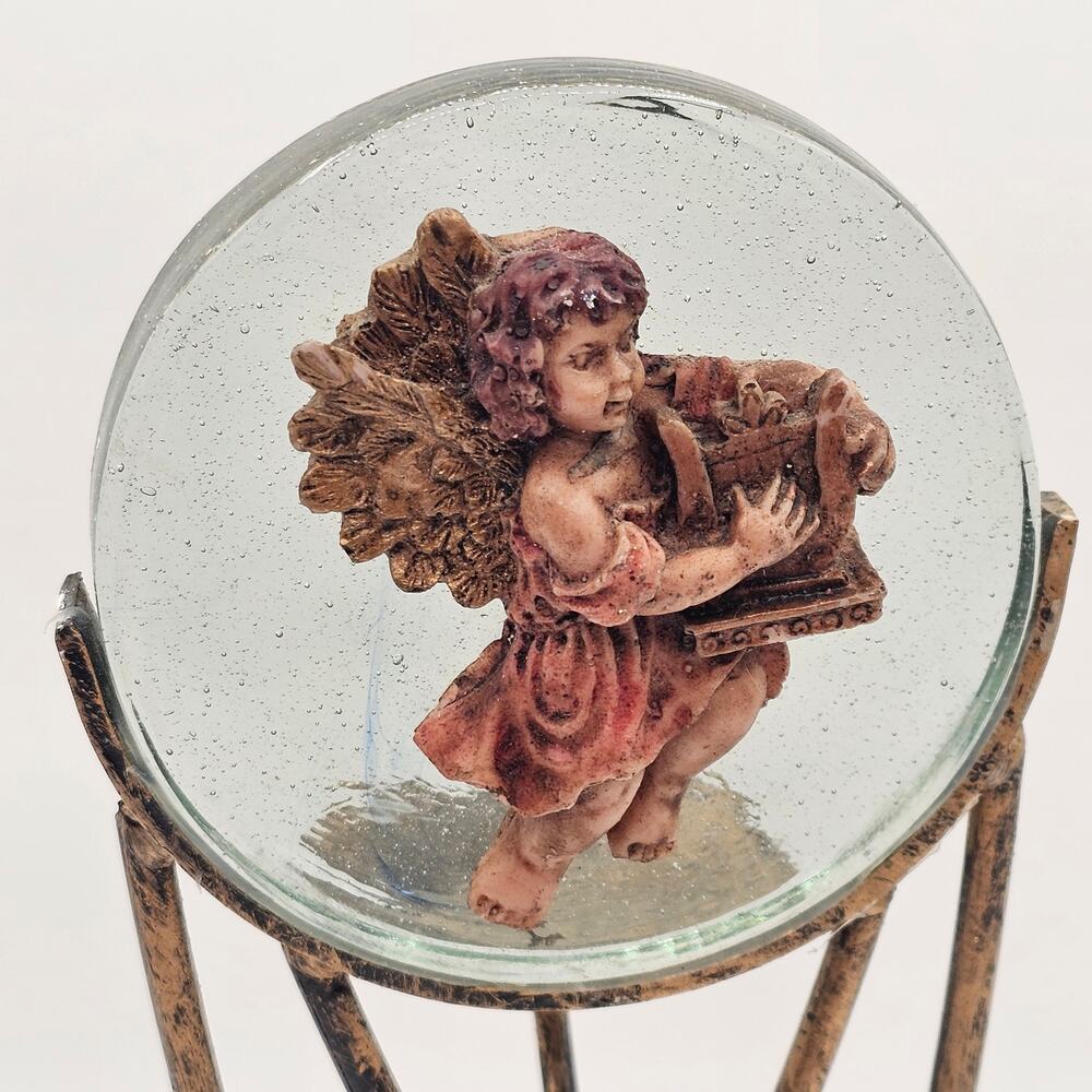 Metal Glass Cherub Candle Holder Hand Blown Sphere Resin Angel Figurine Decor